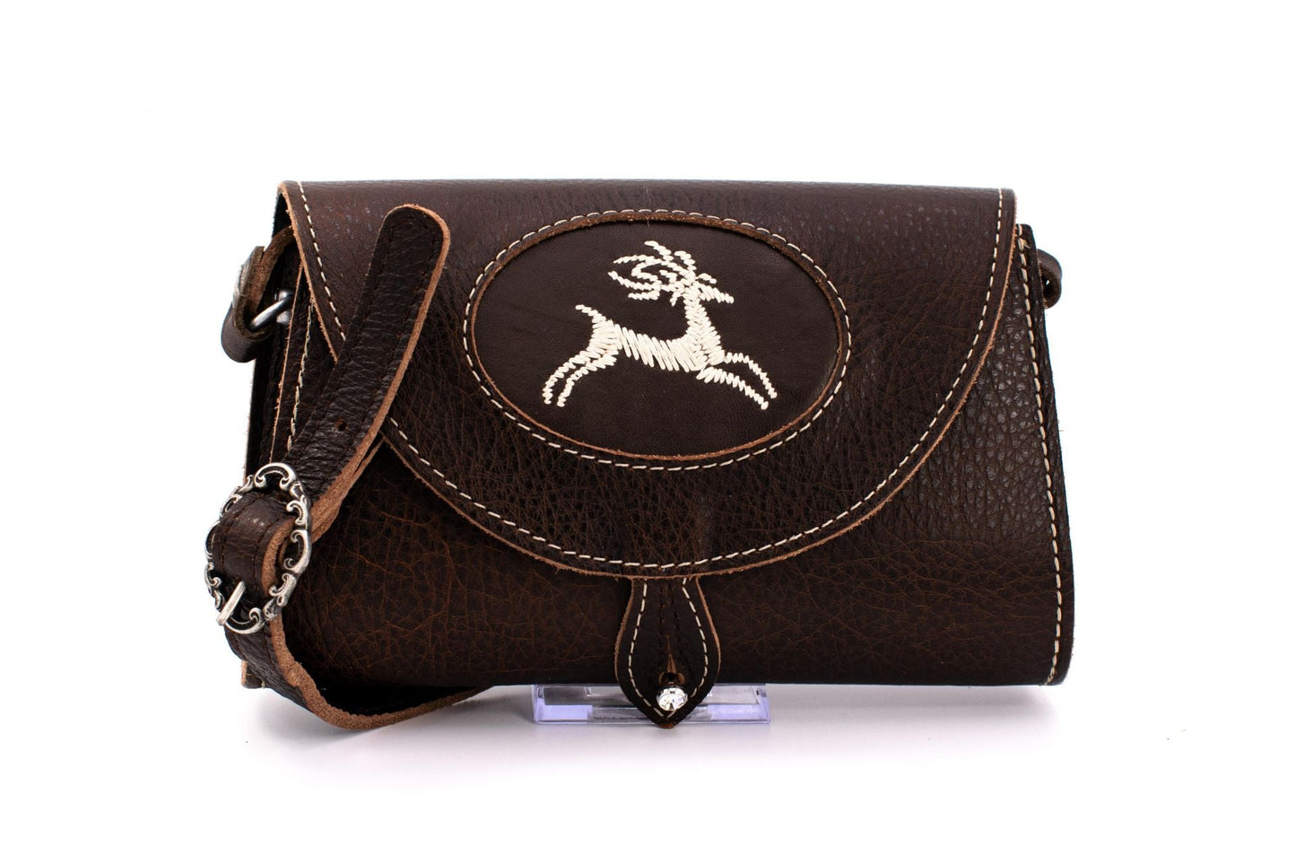 Brown clutch with "deer" embroidery pattern