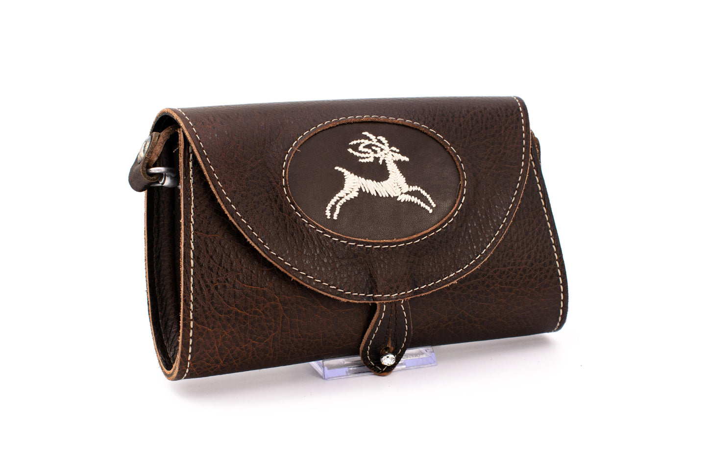 Brown clutch with "deer" embroidery pattern