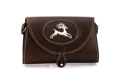 Austrian Structured Brown Leather Clutch Purse with Traditional "Deer" Embroidery