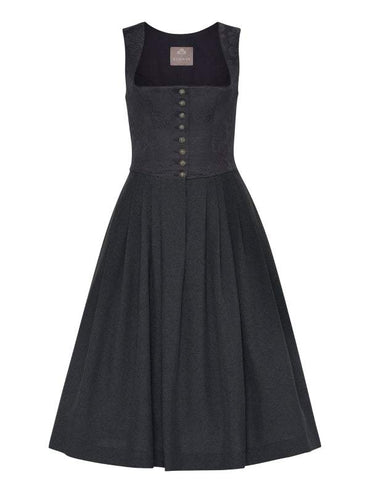 Berwin Long Dirndl in anthracite, 70cm skirt, elegant jacquard bodice with traditional buttons, square neckline, made in Germany.