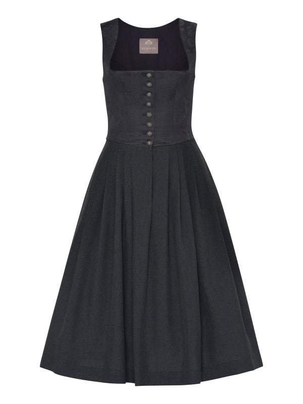 Berwin Long Dirndl in anthracite, 70cm skirt, elegant jacquard bodice with traditional buttons, square neckline, made in Germany.