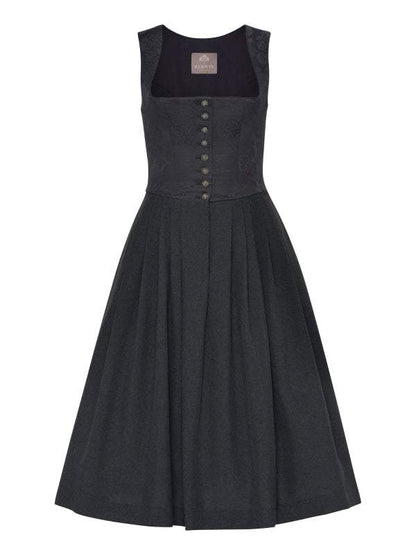 Berwin Long Dirndl in anthracite, 70cm skirt, elegant jacquard bodice with traditional buttons, square neckline, made in Germany.