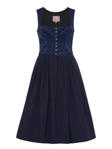 Berwin Long Dirndl "Ruby" navy with elegant jacquard bodice and flowing skirt, 70cm length.