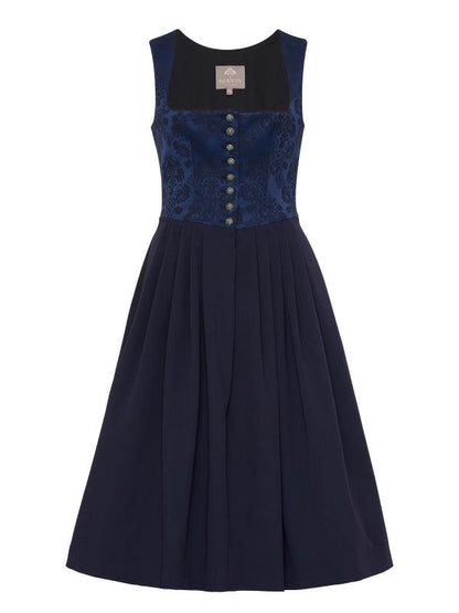 Berwin Long Dirndl "Ruby" navy with elegant jacquard bodice and flowing skirt, 70cm length.