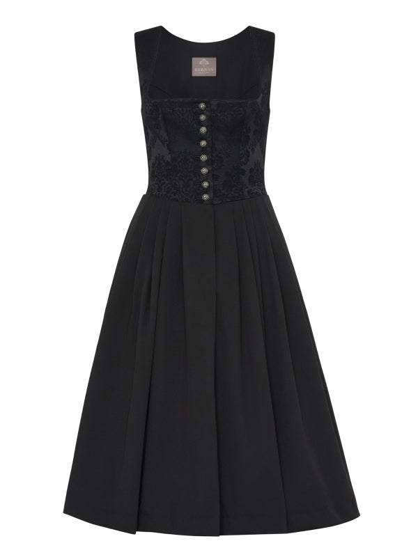 Berwin Long Dirndl 70cm "Ruby" in black with jacquard bodice and button placket.