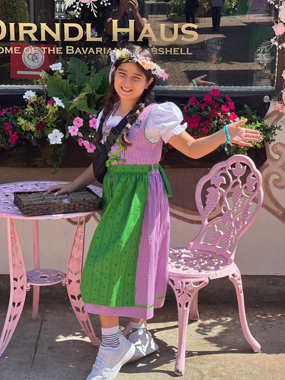 Isar Girls Dirndl "Liana" pink with green apron 3pcs.