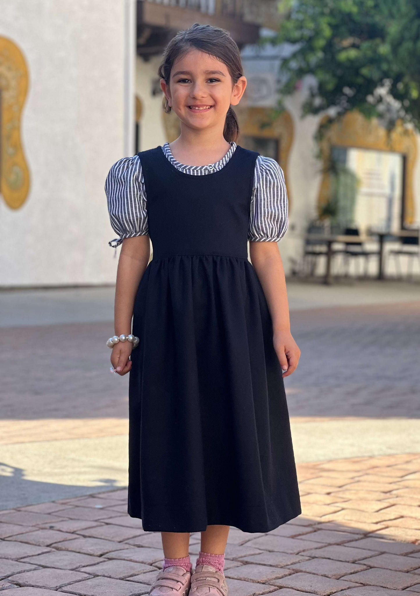 Barwolf Girls Dress "Sissi" in blue with striped blouse and tie belt.