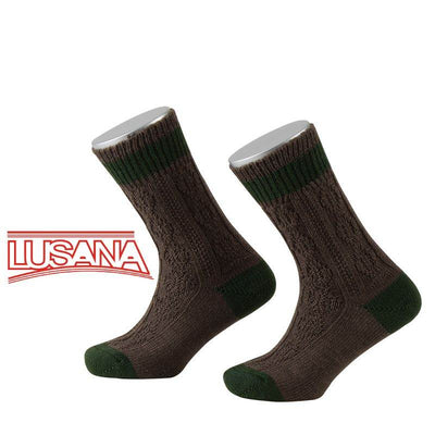 Boy's 2-tone brown and green socks by LUSANA with reinforced heels and toes.