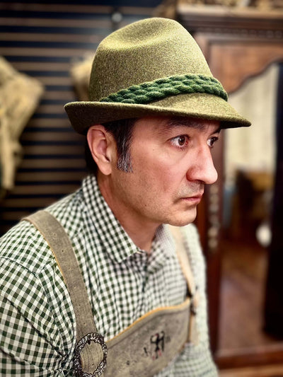 Faustmann Tricorn Hat in olive wool with garniture, handcrafted and weatherproof.