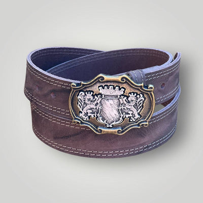 Bavarian belt made of thick buffalo hide leather with custom dual lions buckle, handmade in Germany.