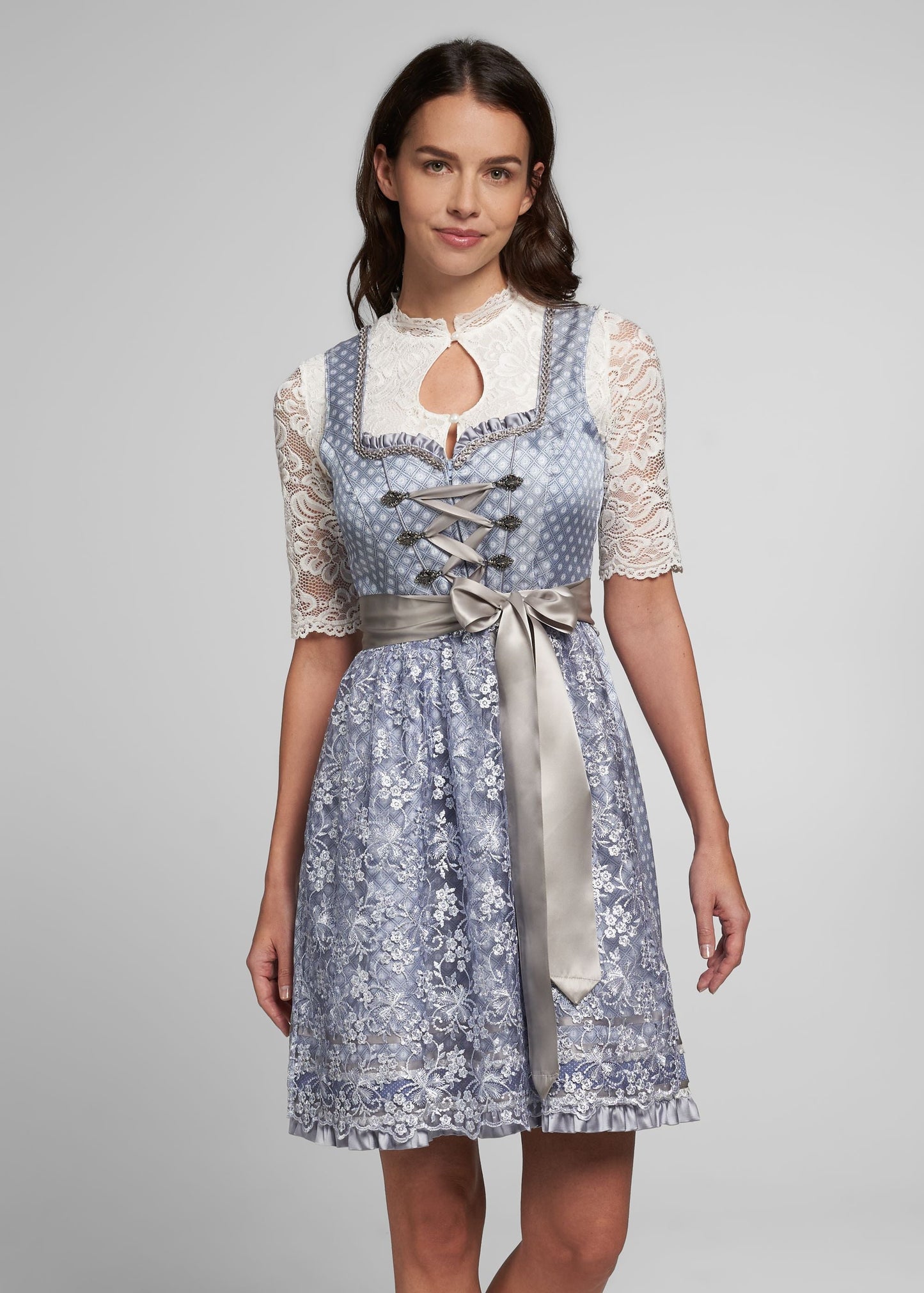 Spieth & Wensky Midi Dirndl "Amazona" 60cm, blue/grey (sizes 34)