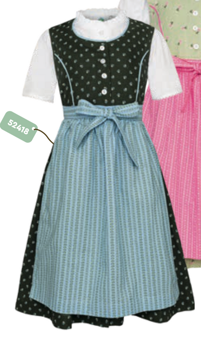 Isar Girls Dirndl "Livia" green with blue apron 3pcs.