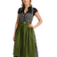 Berwin Long Dirndl "Ottilie" in anthracite with rose-print and green apron.