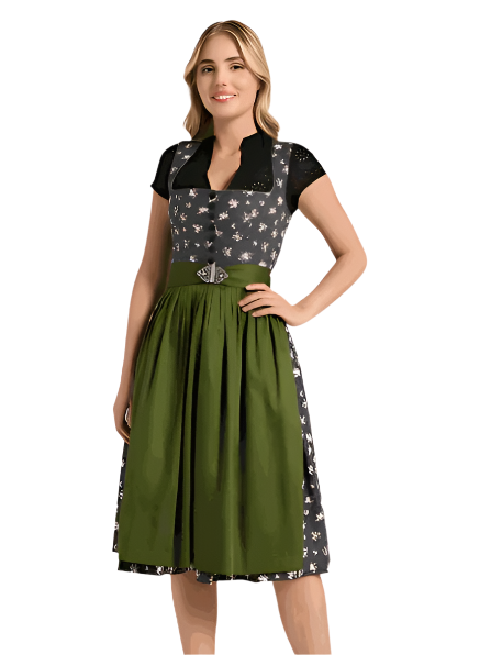 Berwin Long Dirndl "Ottilie" in anthracite with rose-print and green apron.