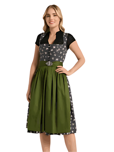 Berwin Long Dirndl "Ottilie" in anthracite with rose-print and green apron.