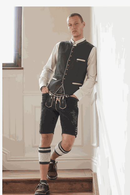 Kruger Men's Lederhosen in brown with embroidered pattern and belt.