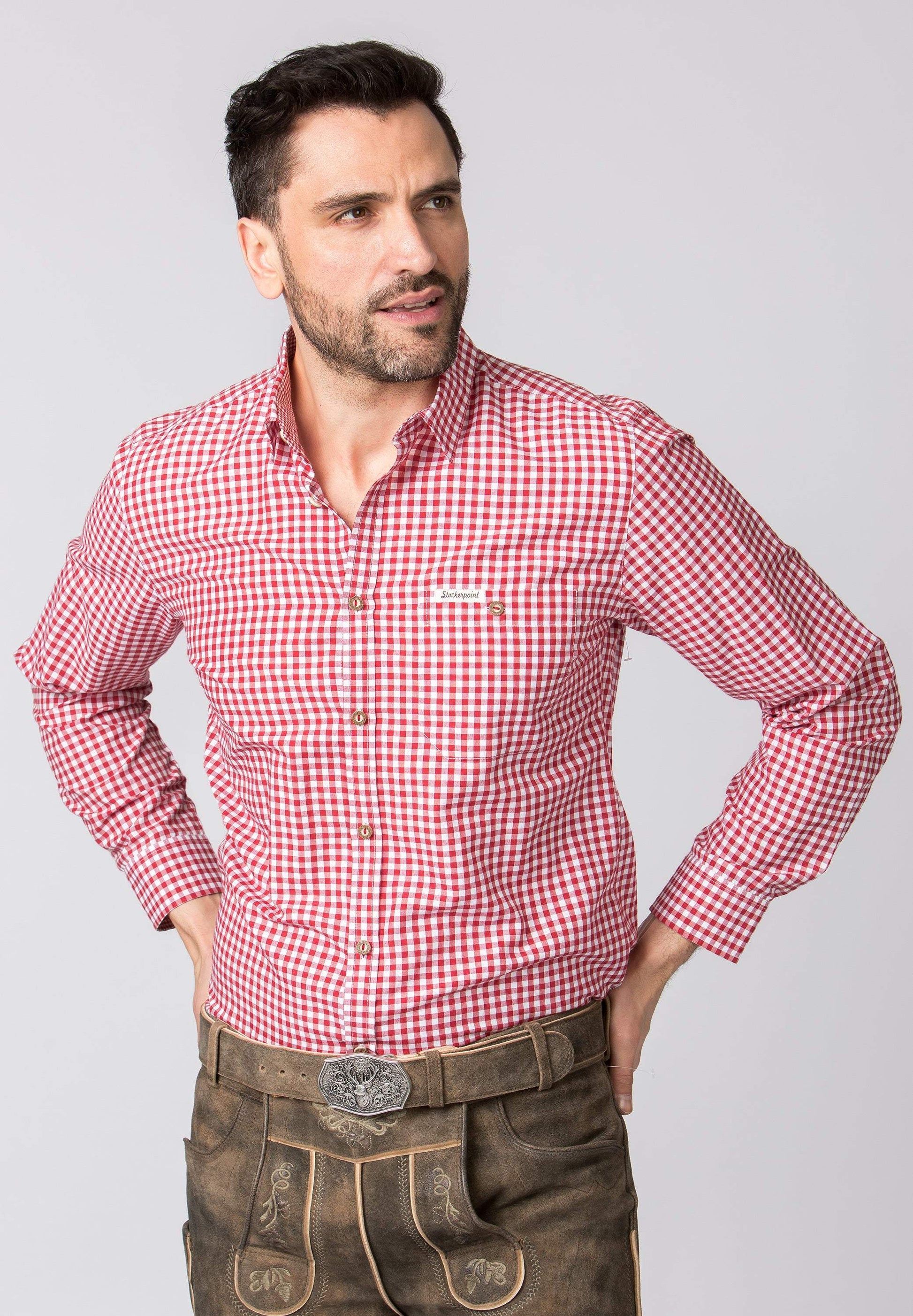 Stockerpoint Traditional Campos3 red long sleeve shirt with retro design and horn buttons.