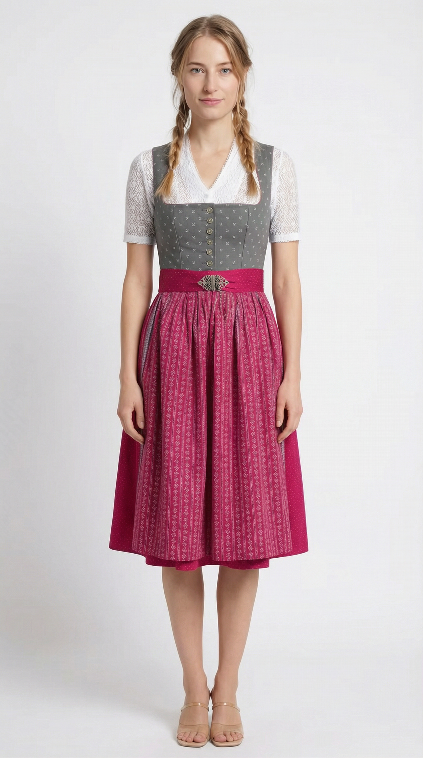 Berwin Long Dirndl 2pcs. 75cm "Nina" Gray/Red (34,36,42,50)