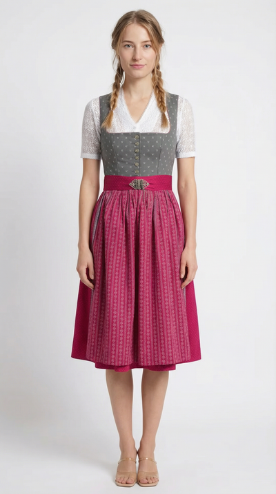 Berwin Long Dirndl 2pcs. 75cm "Nina" Gray/Red (34,36,42,50)