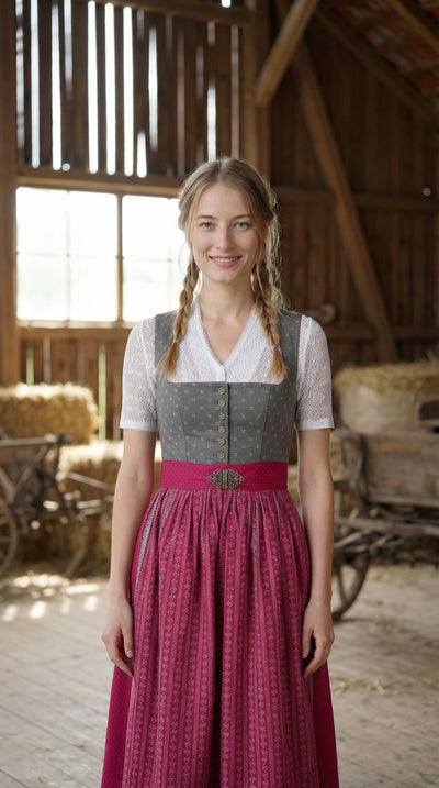 Berwin Long Dirndl 2pcs. 75cm "Nina" Gray/Red (34,36,42,50)