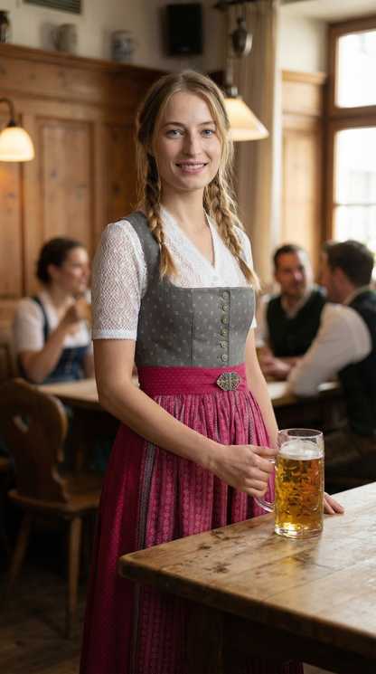 Berwin Long Dirndl 2pcs. 75cm "Nina" Gray/Red (34,36,42,50)