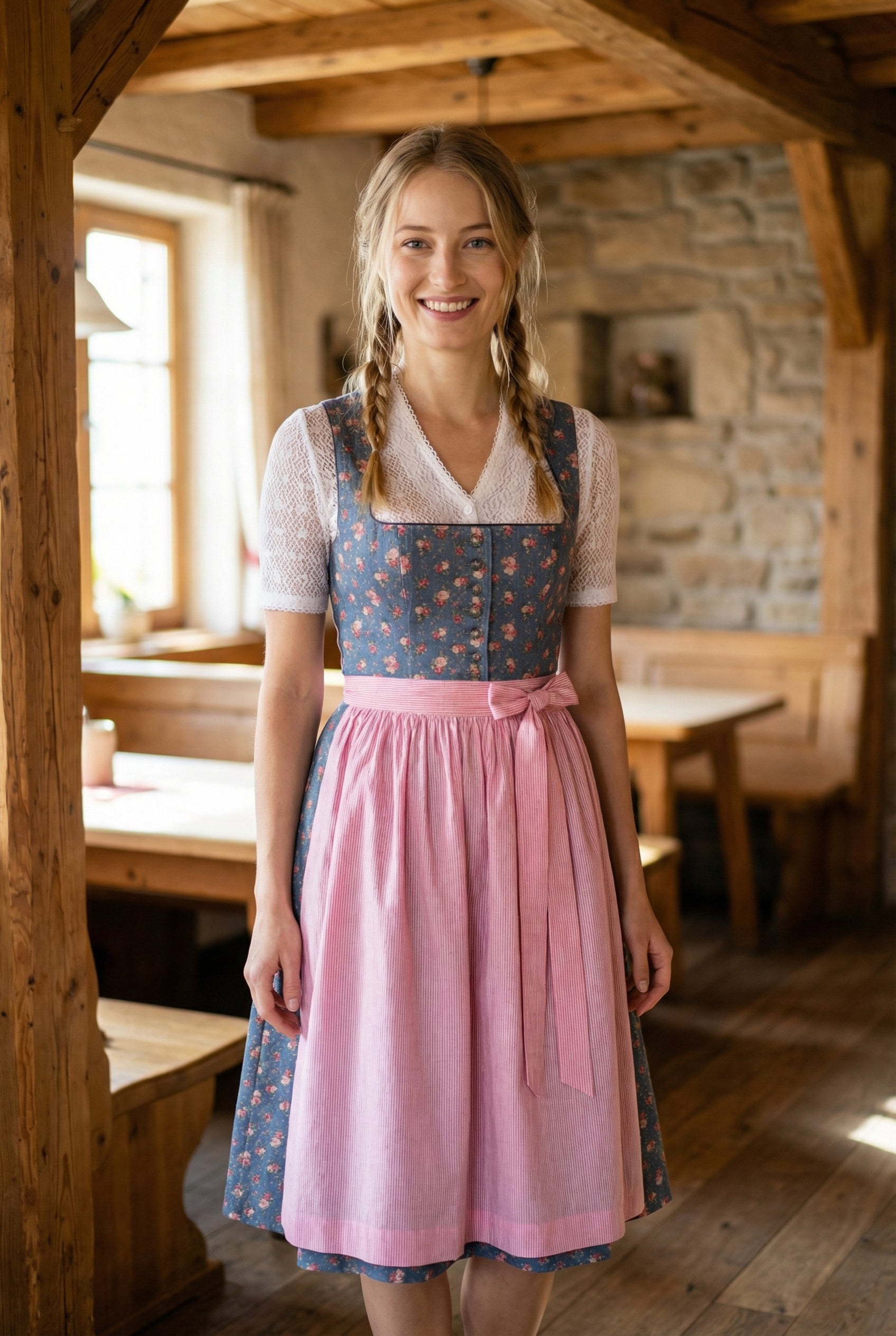 Berwin Long Dirndl 2pcs. 70cm Daisy rose/blue