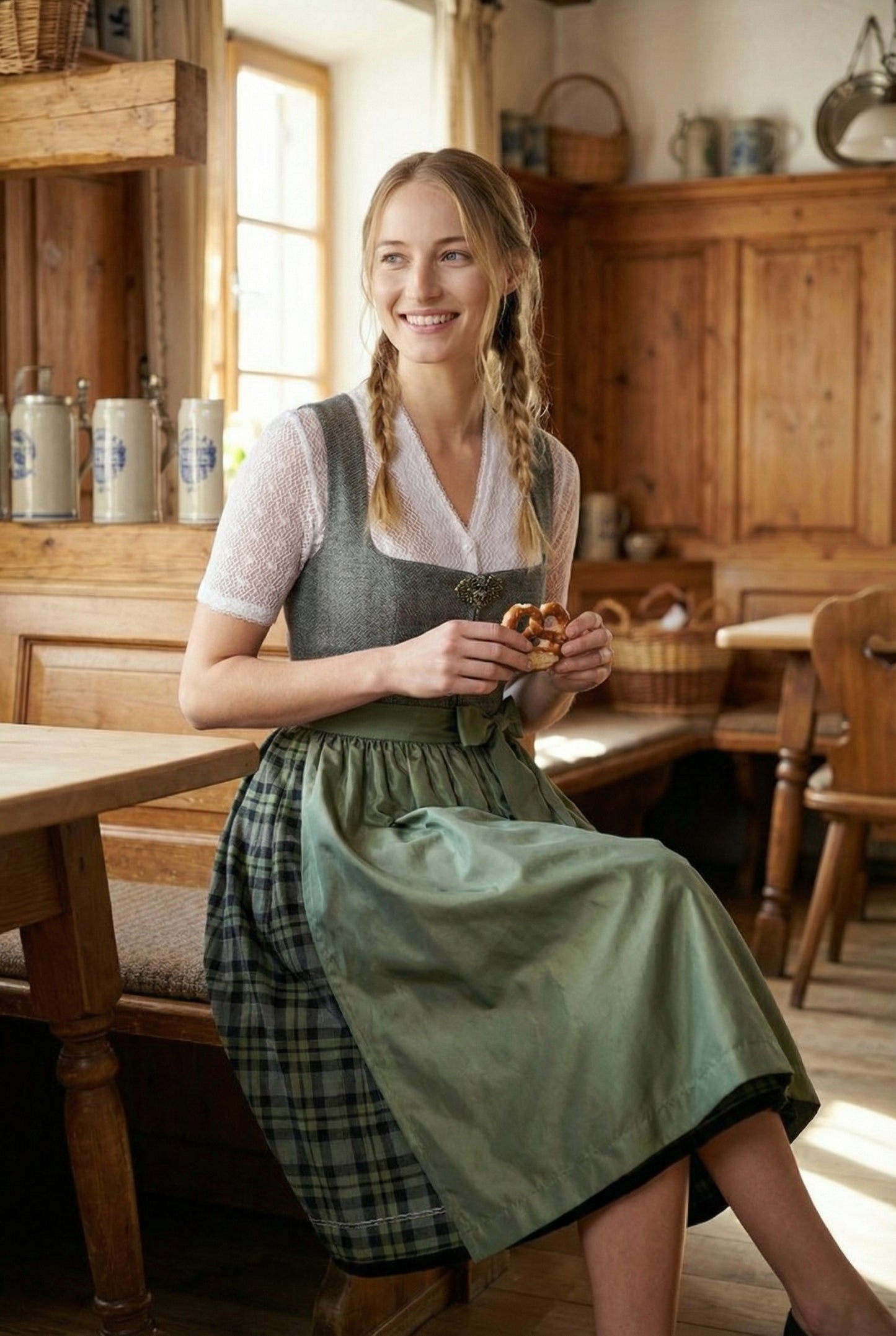 Berwin Maxi Velvet Dirndl 2pcs. 90cm "Daisy" sage/plaid
