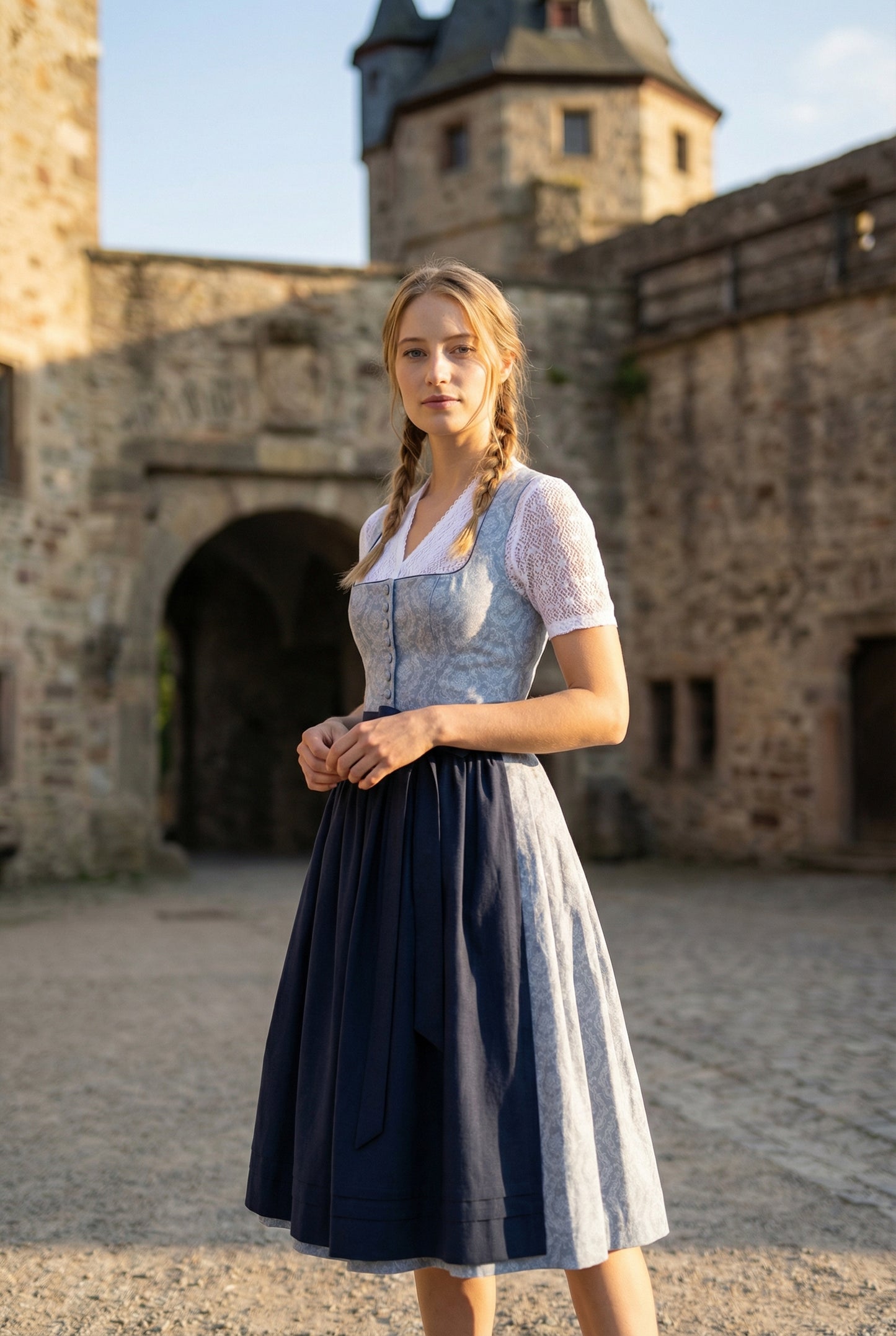 Berwin Long Dirndl 2pcs. 75cm "Christa" blue