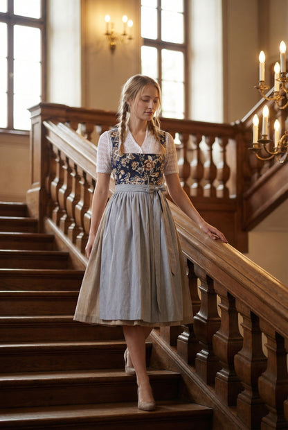 Berwin Long Dirndl 2pcs. 75cm "Kirsten" floral blue (40,42,46,48)