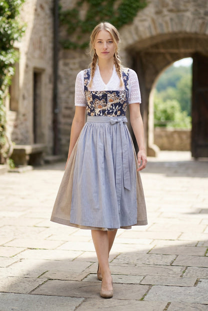 Berwin Long Dirndl 2pcs. 75cm "Kirsten" floral blue (40,42,46,48)