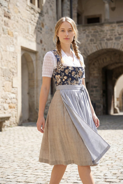 Berwin Long Dirndl 2pcs. 75cm "Kirsten" floral blue (40,42,46,48)