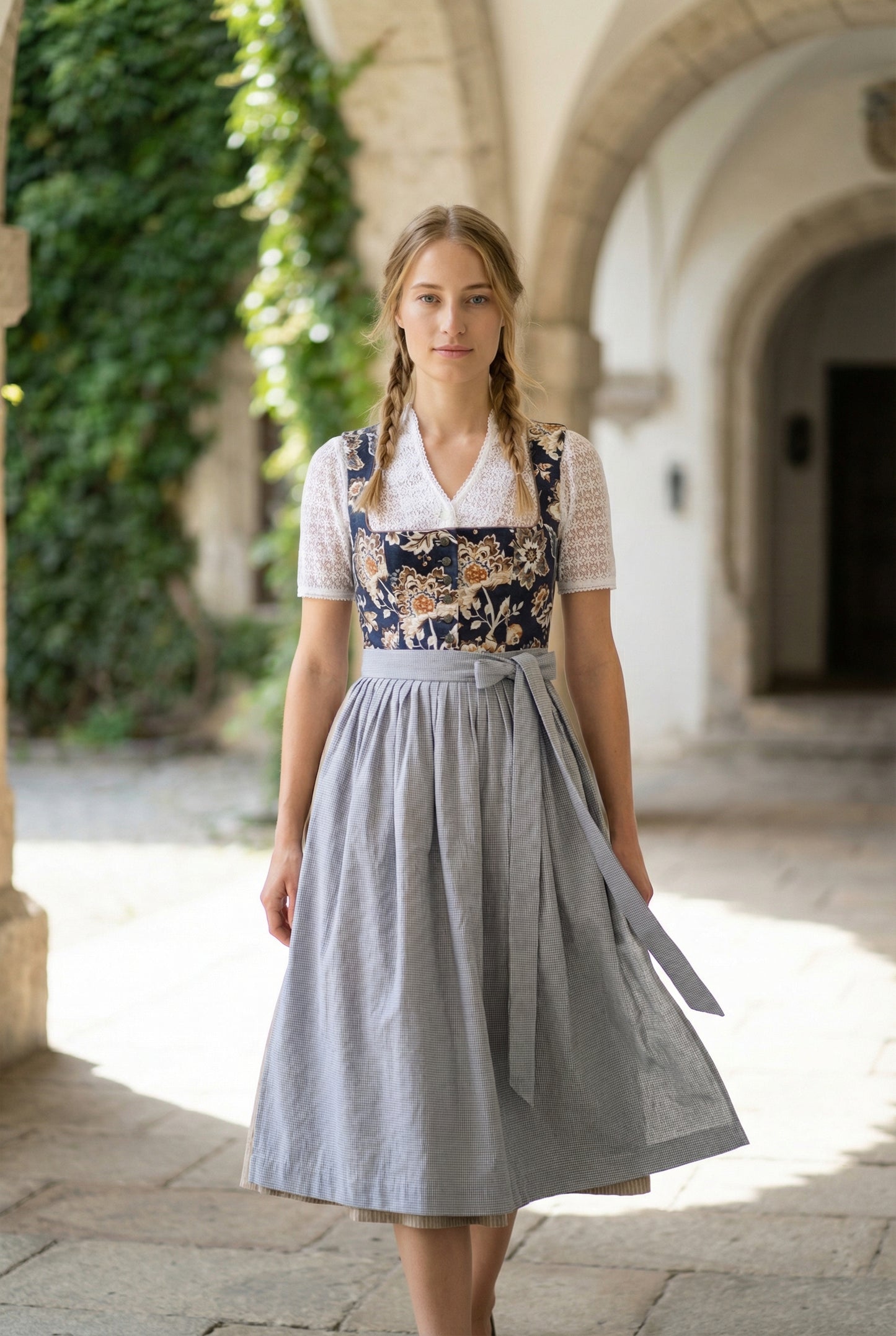 Berwin Long Dirndl 2pcs. 75cm "Kirsten" floral blue (40,42,46,48)