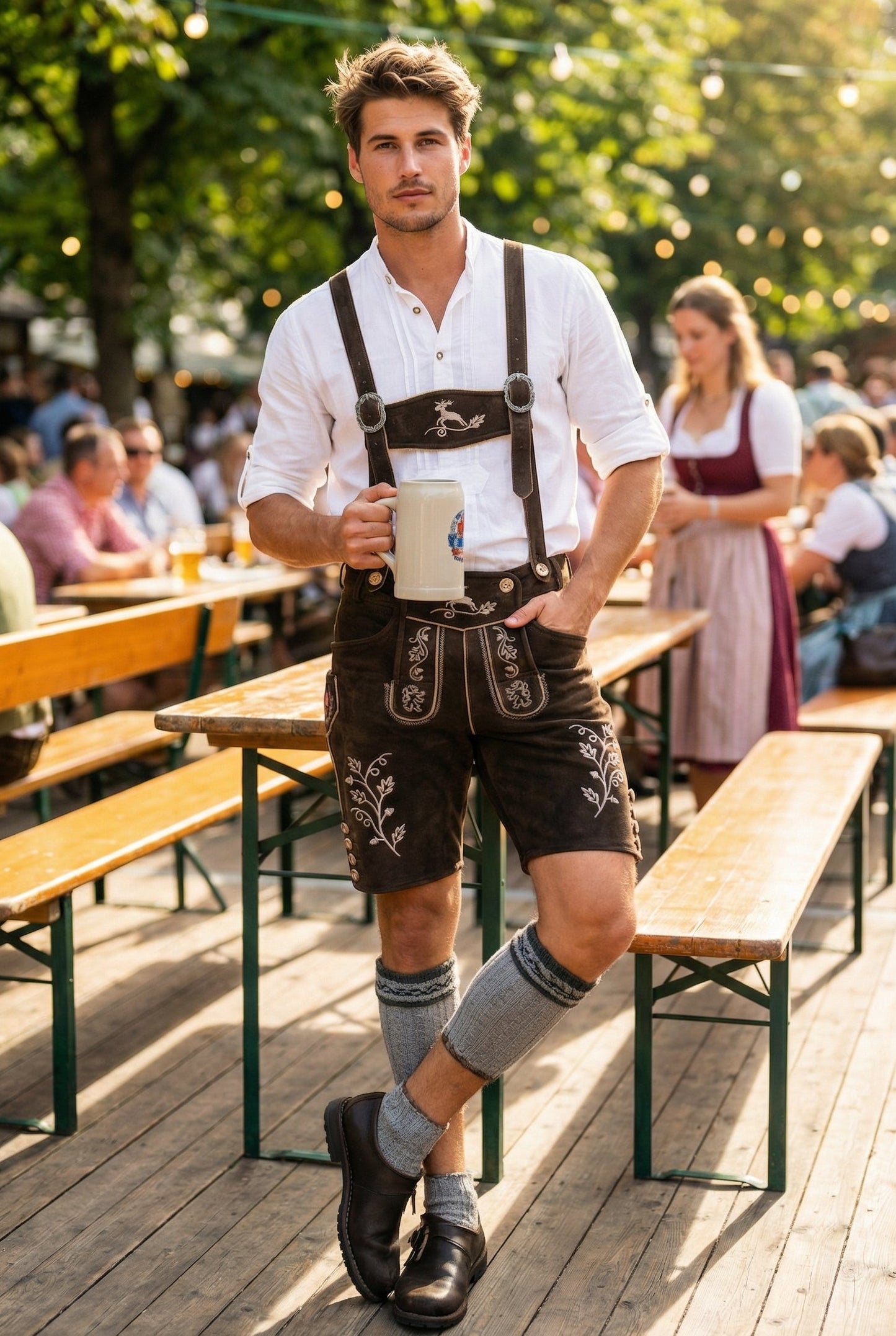 Men's Lederhosen "Vogtland3" H-Straps Dark Brown