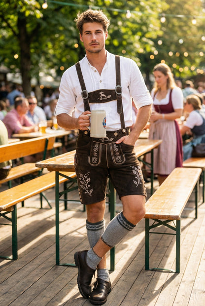 Men's Lederhosen "Vogtland3" H-Straps Dark Brown