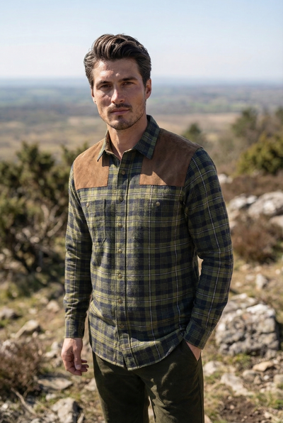 Tom Collins Men's Long-Sleeve Flannel Jagd Shirt — Loden Check with Suede Shoulder
