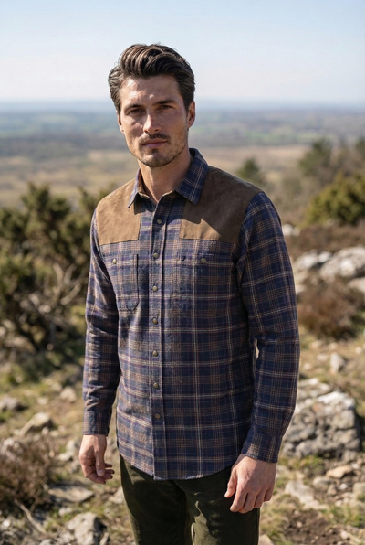Tom Collins Men's Long-Sleeve Flannel Jagd Shirt — Navy Check with Suede Shoulder