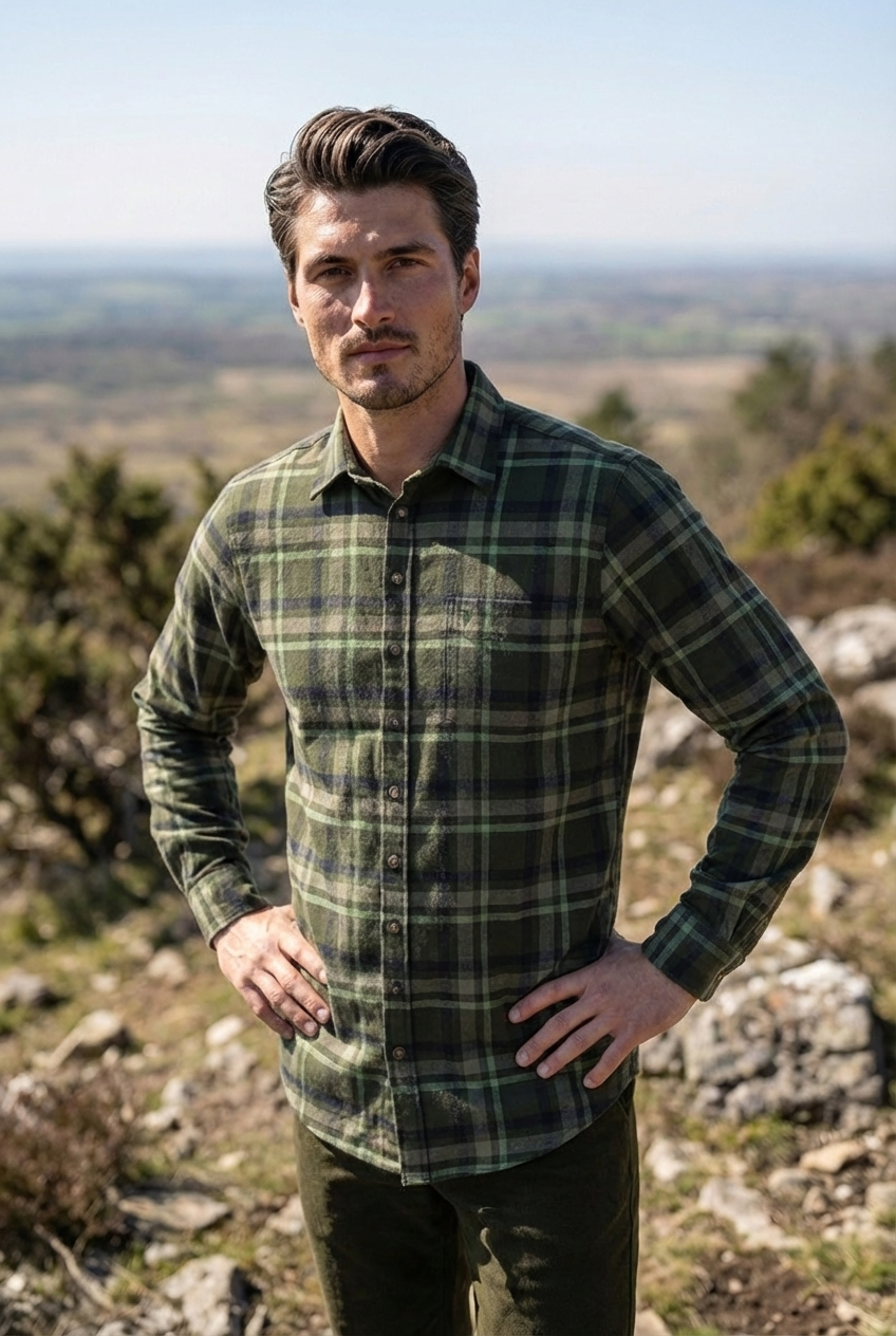OS Trachten Men's Long-Sleeve Flannel Jagd Shirt — Forest Check