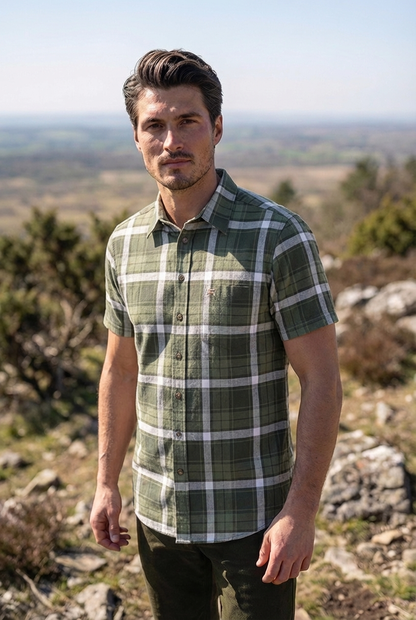 OS Trachten Men's Short-Sleeve Jagd Shirt — Olive Check