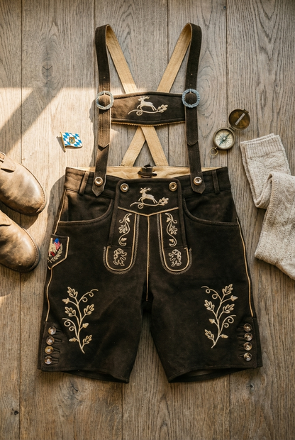 Men's Lederhosen "Vogtland3" H-Straps Dark Brown