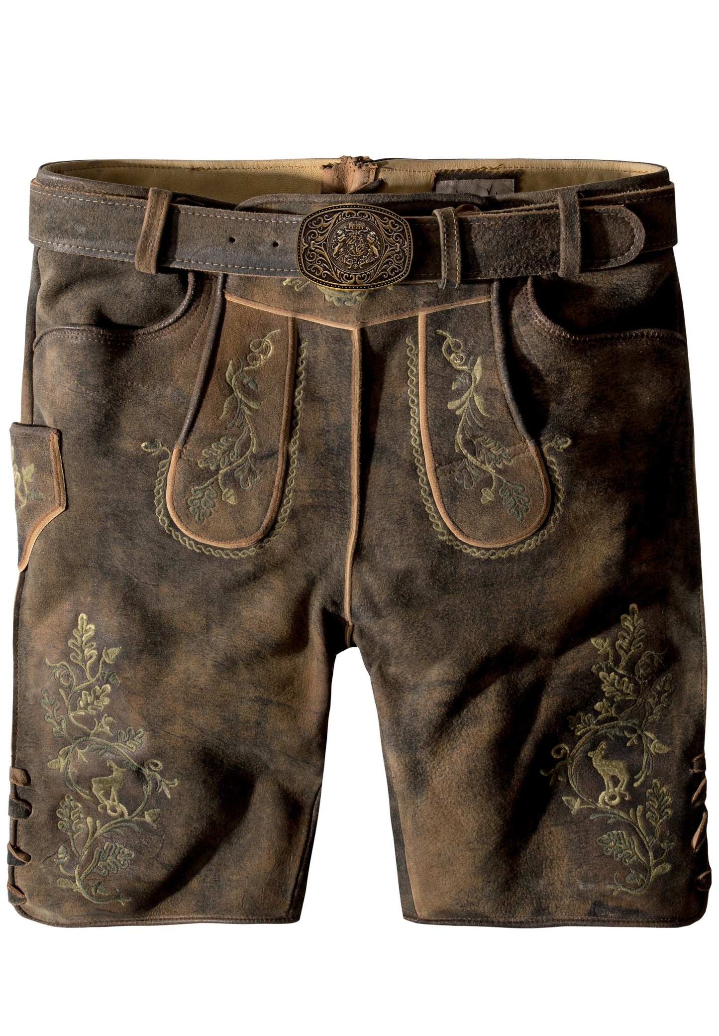 Men's Lederhosen "Leonardo" with Belt Dark Brown w/green (52) closeout