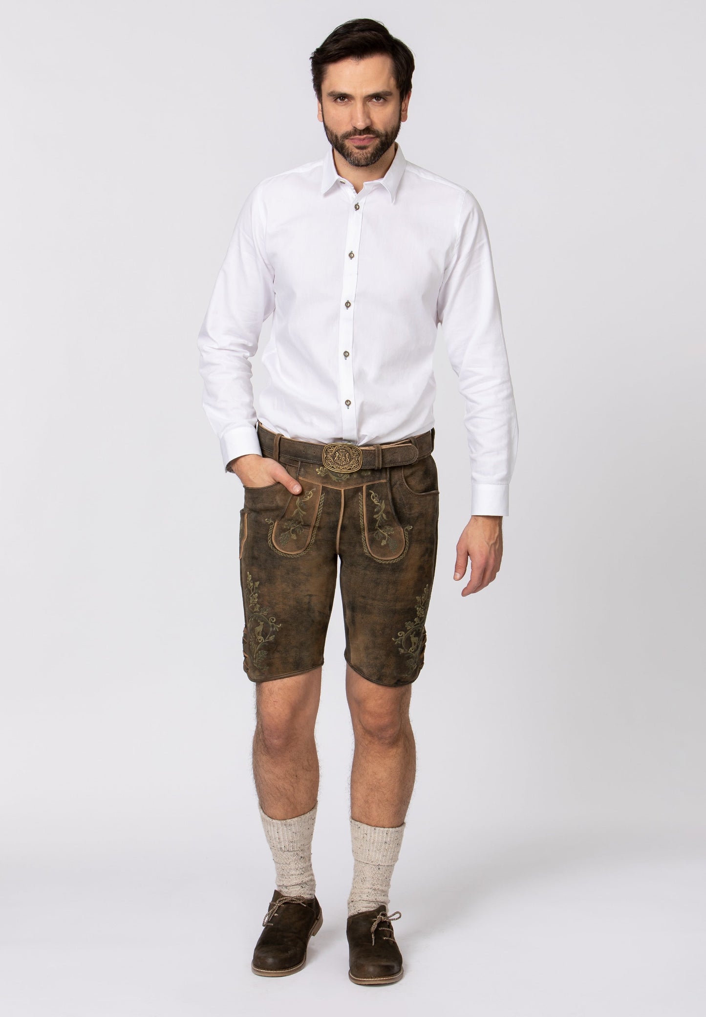 Men's Lederhosen "Leonardo" with Belt Dark Brown w/green (52) closeout