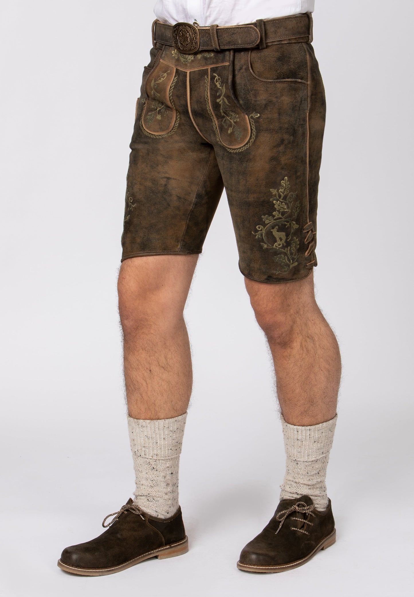 Men's Lederhosen "Leonardo" with Belt Dark Brown w/green (52) closeout