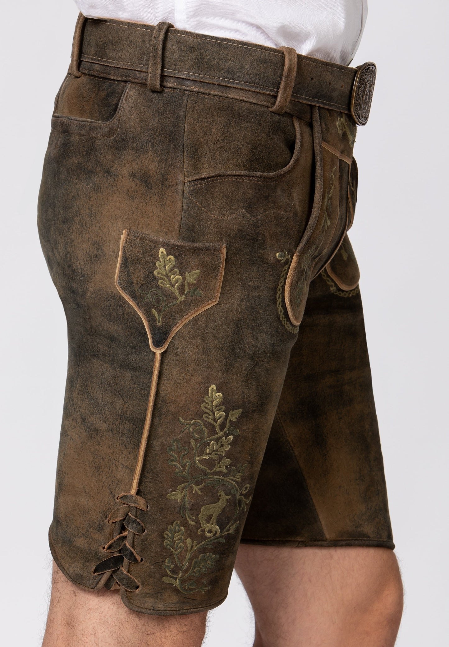 Men's Lederhosen "Leonardo" with Belt Dark Brown w/green (52) closeout