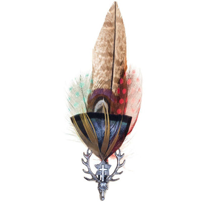 Deer head accessory with cross, brass feather holder, real bird feathers, made in Germany, 12cm.