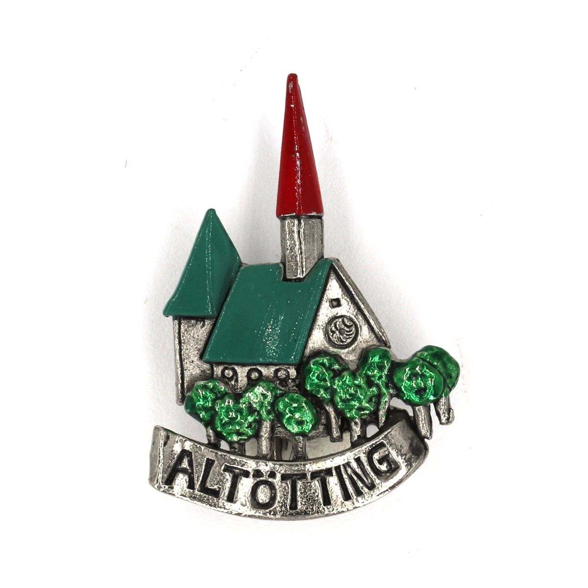 Silver pewter Altötting Church hat pin, handmade and hand painted in Germany.